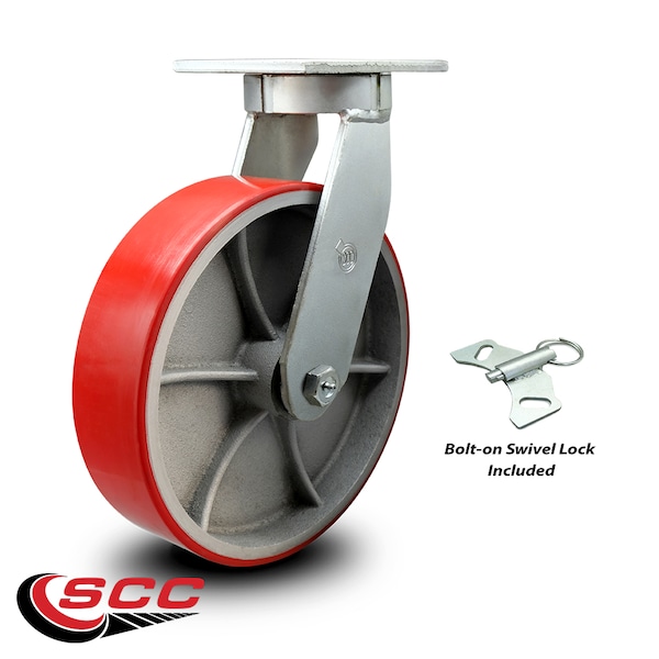 Service Caster 12 Inch Heavy Duty Red Poly on Cast Iron Wheel Swivel Caster with Swivel Lock SCC-KP92S1230-PUR-RS-BSL - main